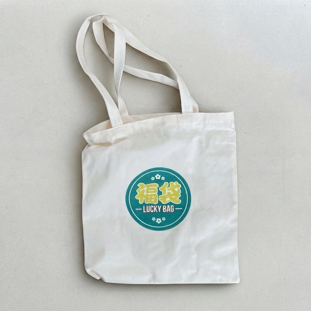 Tote bag en toile beige du Lucky Bag Le Petit Vapoteur avec idéogramme Fukubukuro