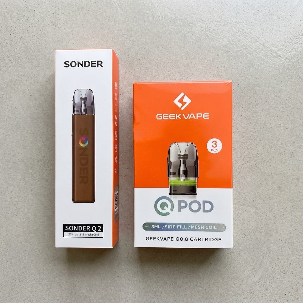 Sonder Q2 Mocha Gold et pack de trois cartouches Geekvape Q0.8 du Lucky Bag