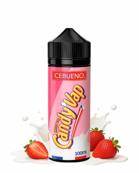 Flacon de 100 ml de Candy'Vap fraise de Cebueno, avec son étiquette rose inspirée du lait fraise Candy'Up, entouré de fraises et d'éclaboussures de lait.