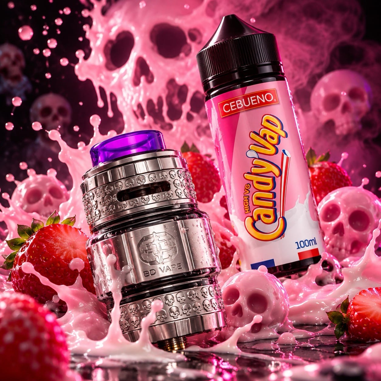 Le clearomiseur BD Vape Precisio 2 et le flacon Cebueno Candy'Vap réunis dans un décor rose de lait fraise, de crânes fondants et de fraises.