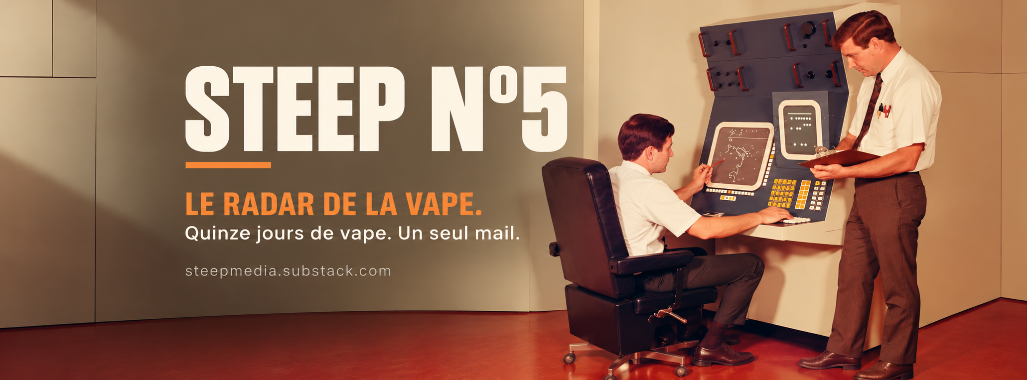 Bandeau de STEEP, le radar de la vape, newsletter de Dans les Nuages consacrée aux actualités, tendances et signaux du secteur de la vape.