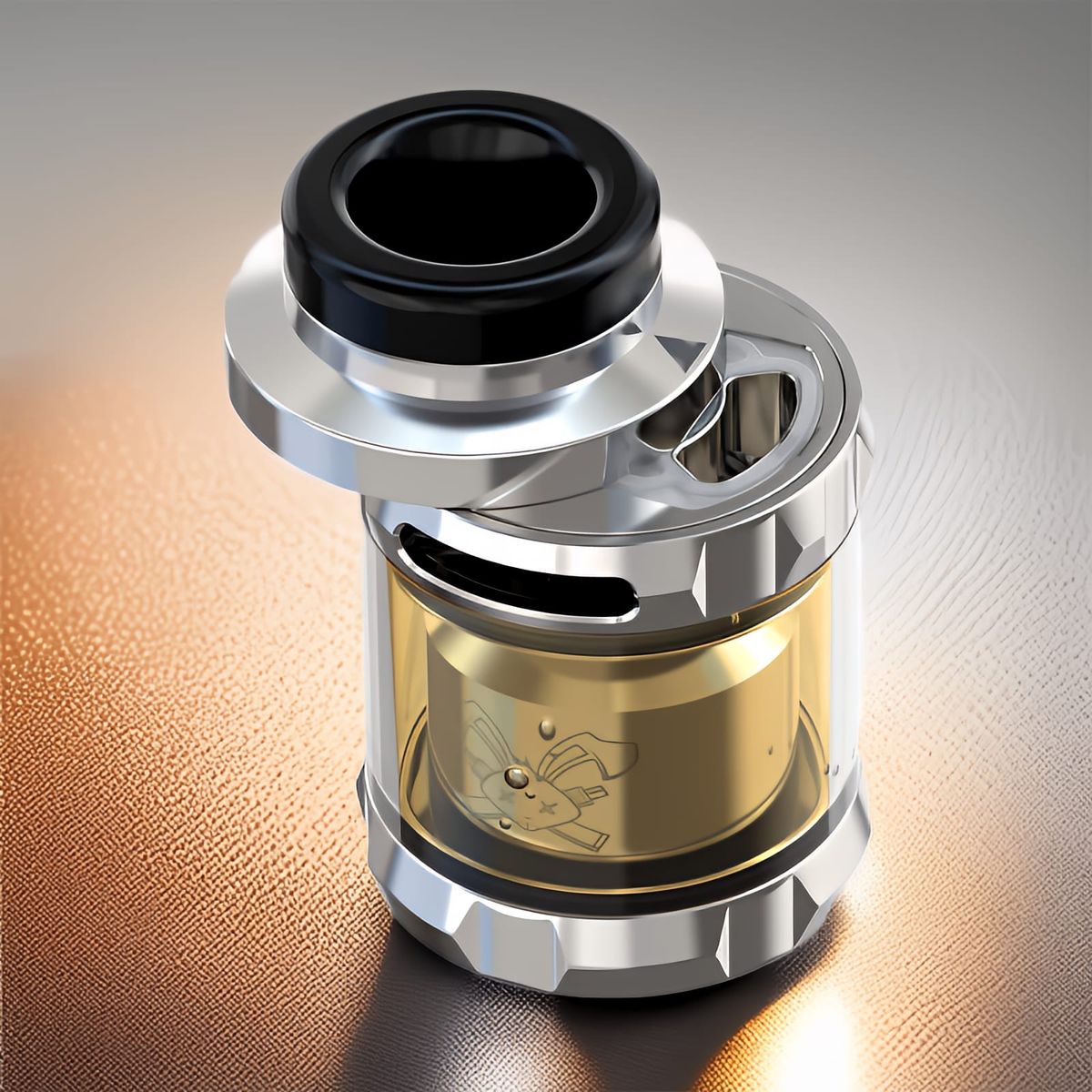 Vue en plongée sur l'atomiseur reconstructible Dead Rabbit Solo RTA couleur argent signé Hellvape 