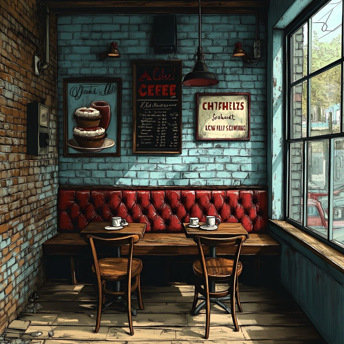 Coin café intimiste aux murs turquoise, avec banquette et chaises bistrot en bois 