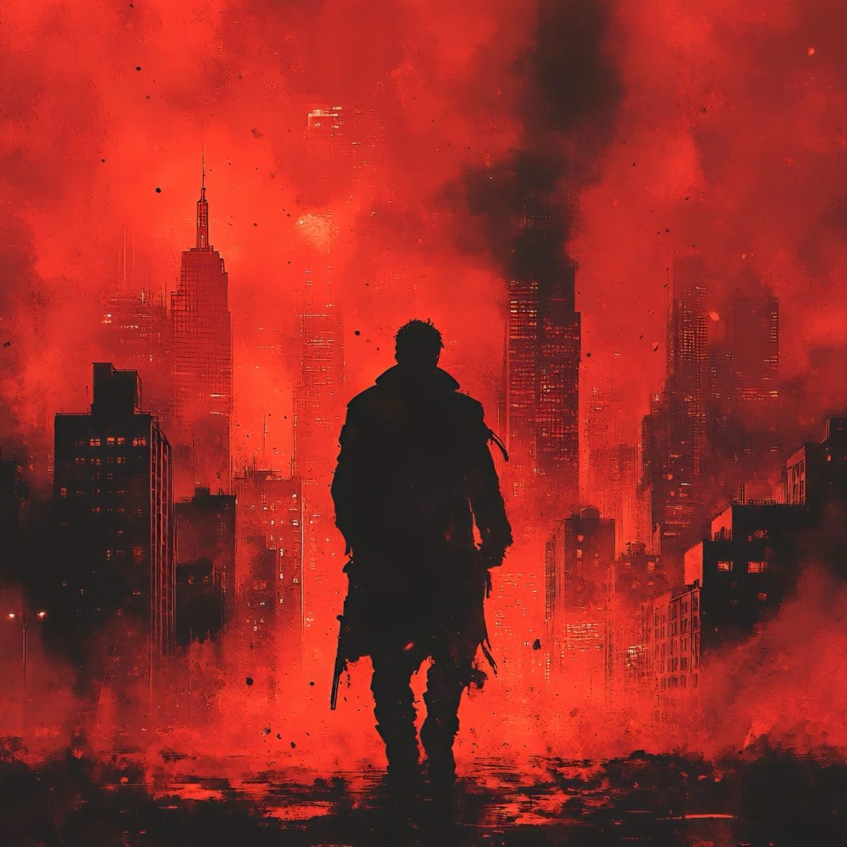 Silhouette sombre d'un homme armé face à un horizon urbain apocalyptique