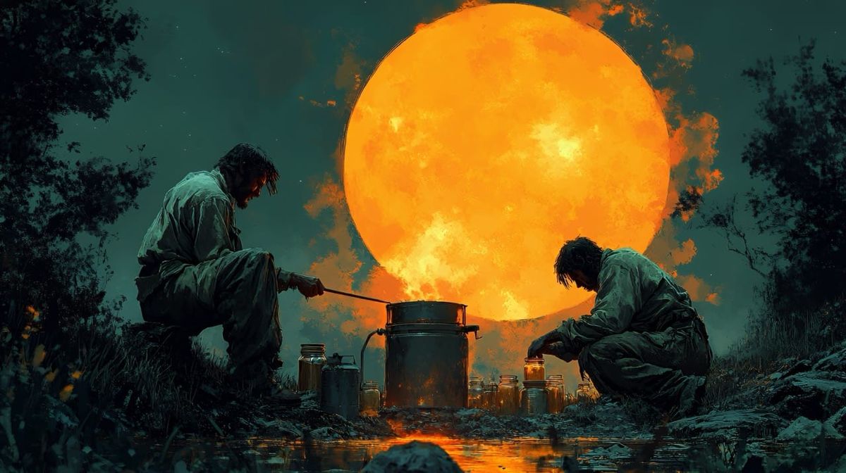 Moonshiners distillant leur alcool de nuit sous une pleine lune orange, entourés de jarres Mason illuminées