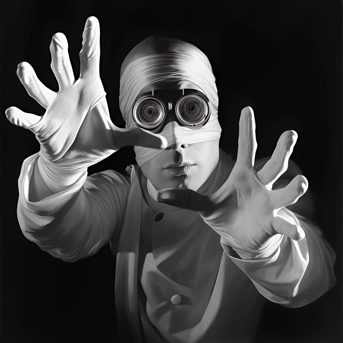 Designer mystérieux en tenue blanche et lunettes de laboratoire