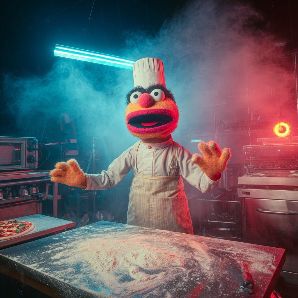 puppet chef experimenting strange pizza recipe