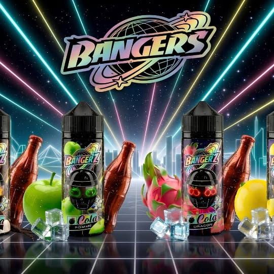 Les sept e-liquides Banger'z de CDS Lab réunis autour d'un univers graphique inspiré de la culture électro.