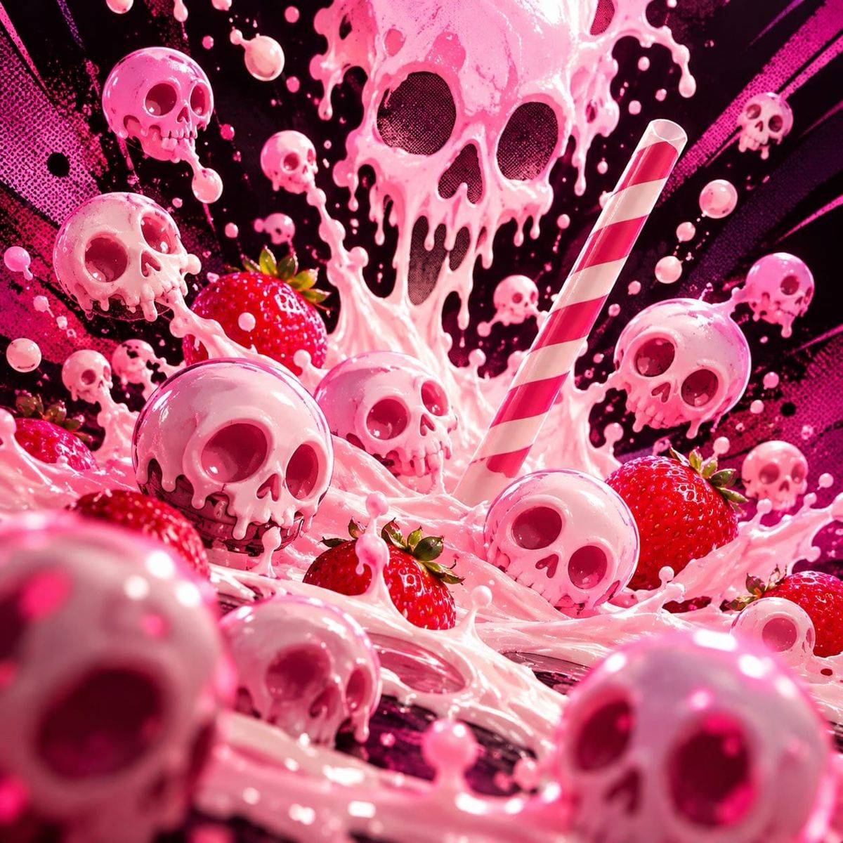 Des crânes roses surgissent d'une explosion de lait fraise, entourés de fraises et d'une paille rayée, dans un univers Halloween façon bande dessinée.