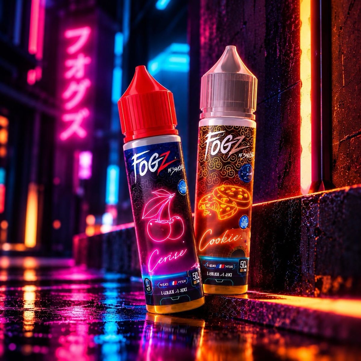 Deux flacons d’e-liquides FOGZ by Swoke, Cerise et Cookie, dans une ruelle nocturne aux néons roses, bleus et orangés, ambiance Tokyo underground.