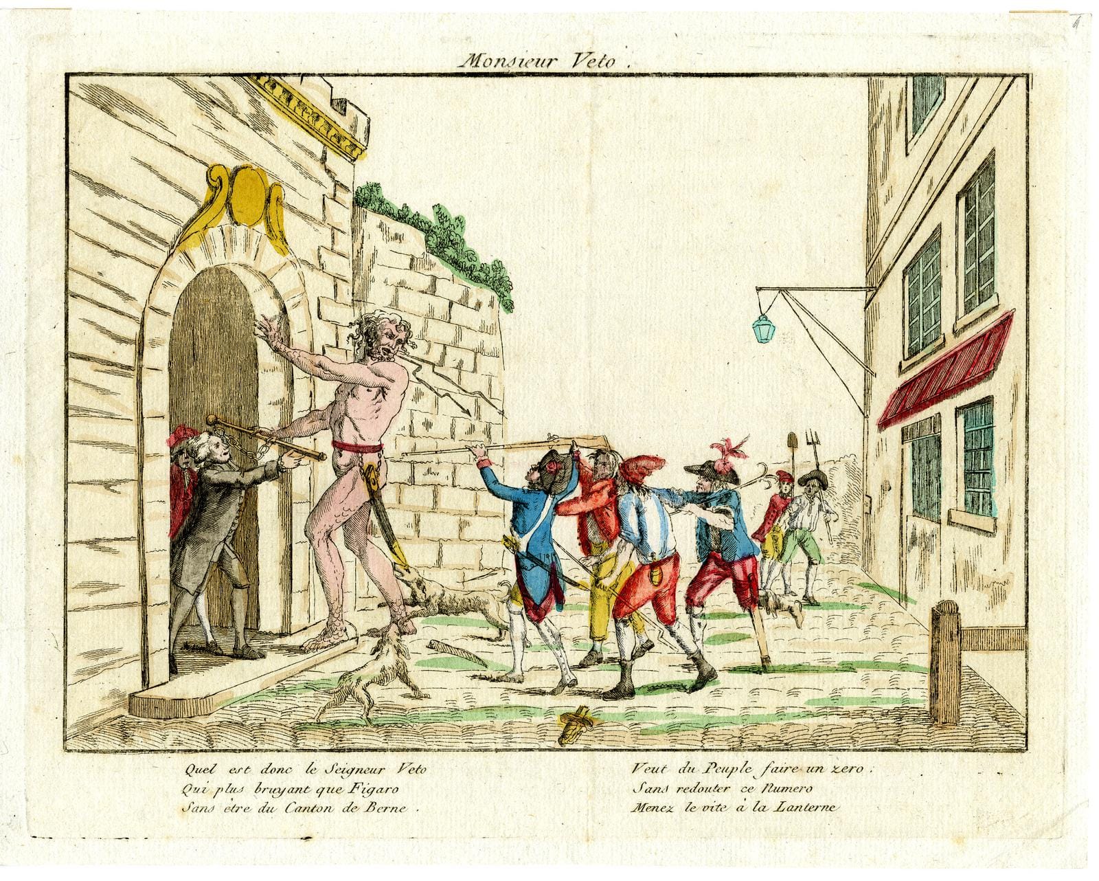A giant figure called Monsieur Veto carries shackles while clergy and aristocrats receive him and revolutionaries approach behind him.