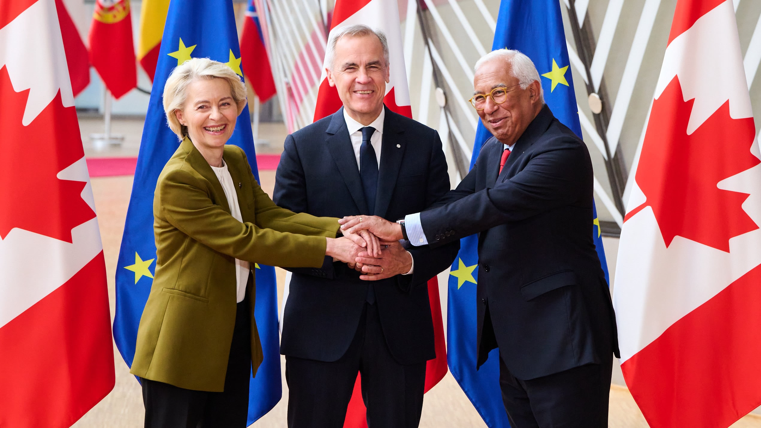 Mark Carney meets Ursula von der Leyen and António Costa at the EU–Canada summit.