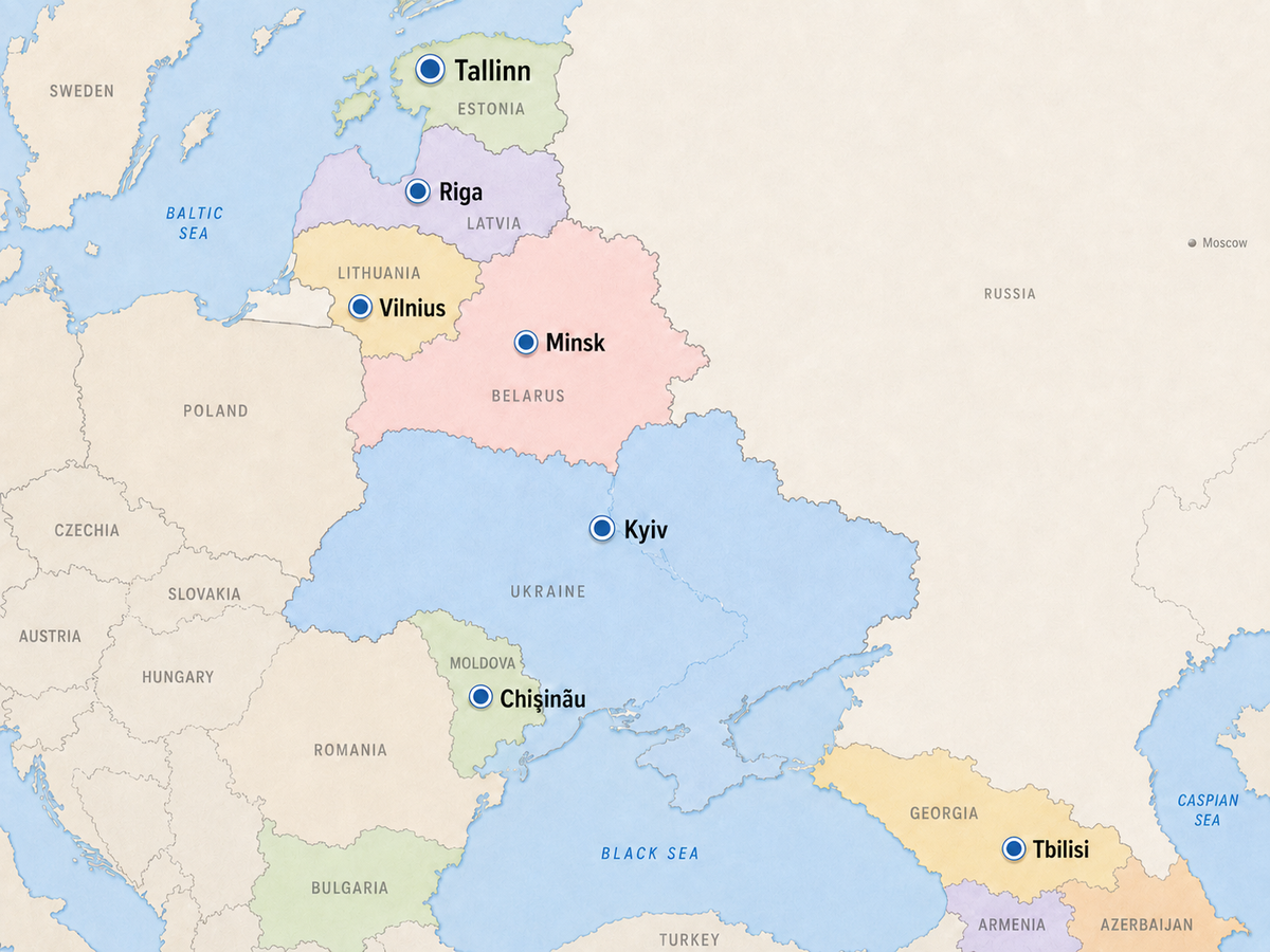 Stylised map highlighting Estonia, Latvia, Lithuania, Belarus, Ukraine, Moldova, Georgia through capitals Tallinn, Riga, Vilnius, Minsk, Kyiv, Chișinău, Tbilisi, Moscow small on side of map