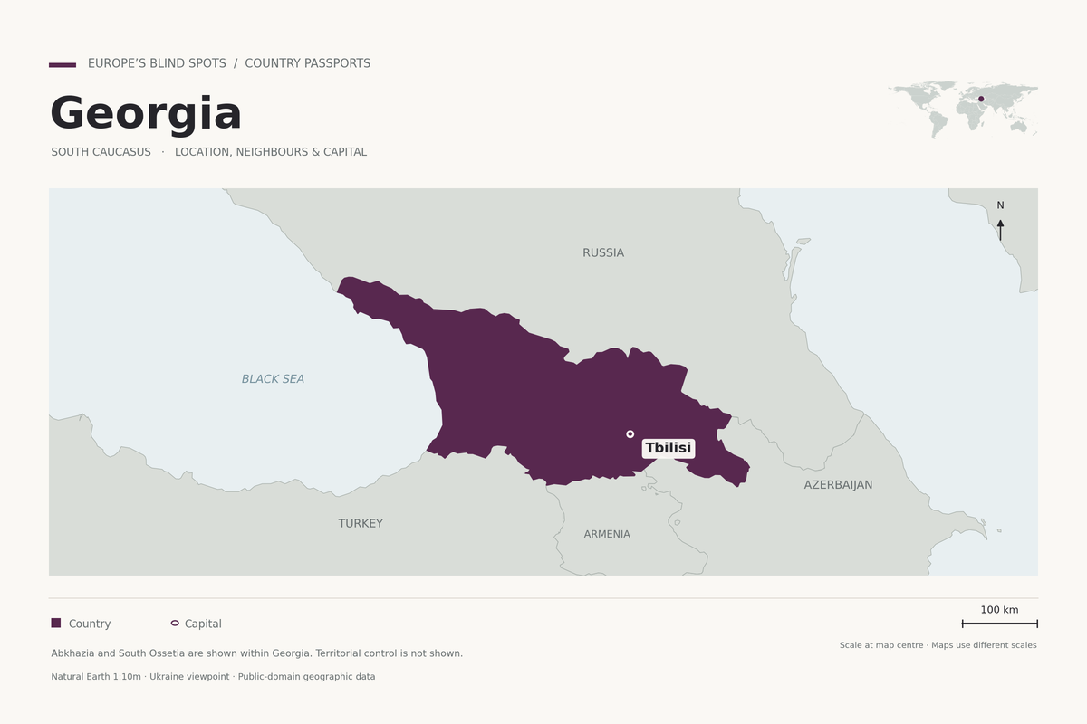 Reference map highlighting Georgia in purple, with Tbilisi, Russia, Türkiye, Armenia, Azerbaijan and the Black Sea. Abkhazia and South Ossetia are shown within Georgia; territorial control is