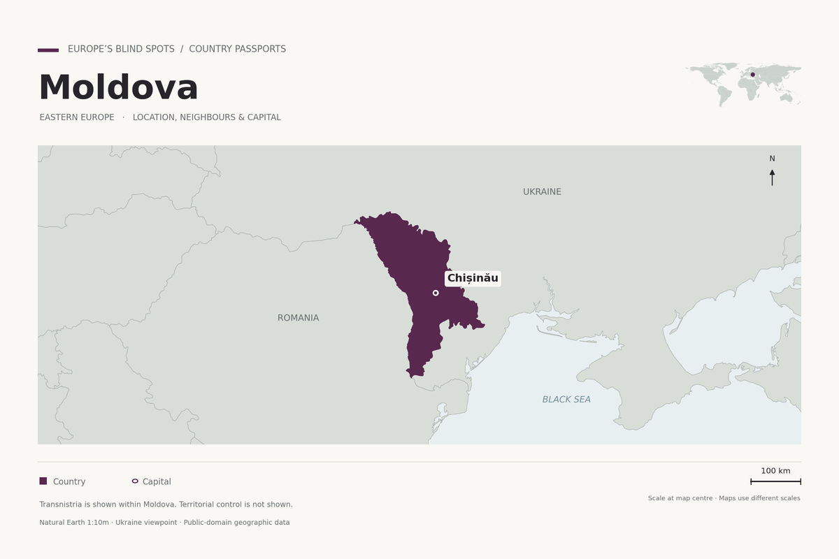 Moldova and its surroundings. Transnistria is shown within Moldova; territorial control is not mapped. Map: Europe’s Blind Spots, using Natural Earth data.