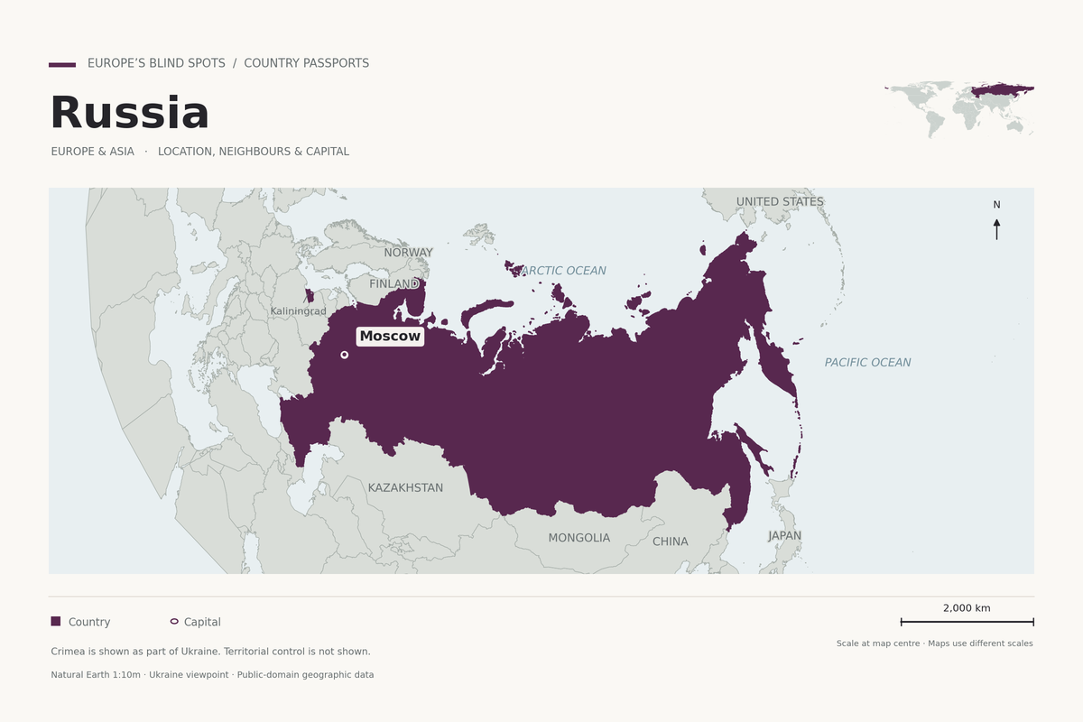 Reference map highlighting Russia in purple, with Moscow, Kaliningrad, the Far East and a world locator. Crimea is shown as part of Ukraine.
