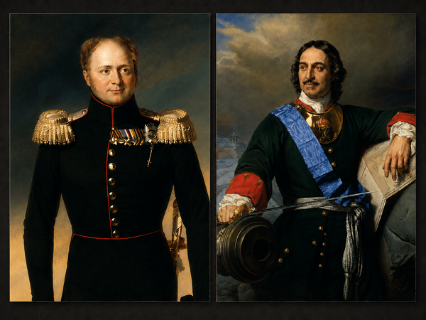 Side-by-side painted portraits of Russian emperors Alexander I and Peter the Great.