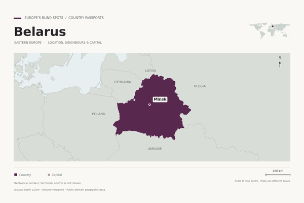 Reference map highlighting Belarus in purple, with Minsk and the neighbouring countries Latvia, Lithuania, Poland, Russia and Ukraine.