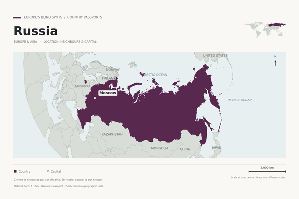 Reference map highlighting Russia in purple, with Moscow, Kaliningrad, the Far East and a world locator. Crimea is shown as part of Ukraine.
