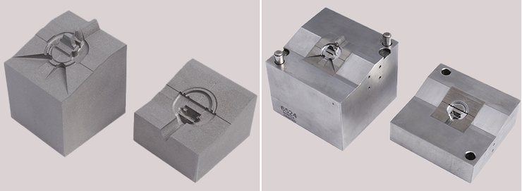 Fathom Manufacturing cavity and core inserts as printed with Mantle’s TrueShape metal 3D printing technology (left). Cavity and core inserts after Fathom finished the printed inserts and assembled them in their modular mold system (right).