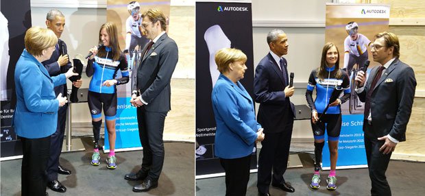 Denise Schindler shows Obama and Merkel her prosthetic