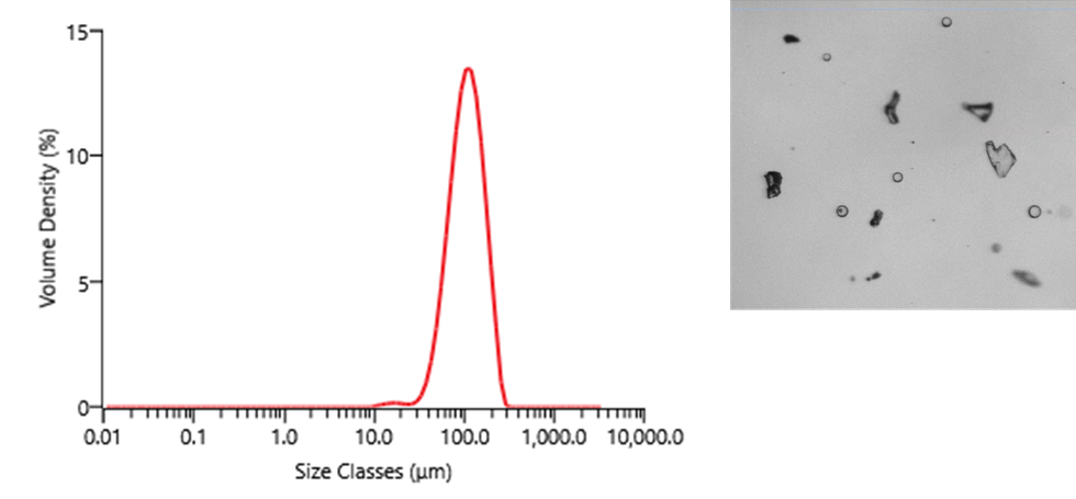 Figure 3: Particle size distribution measured on the Mastersizer 3000 and corresponding particle dispersion images from Hydro Insight