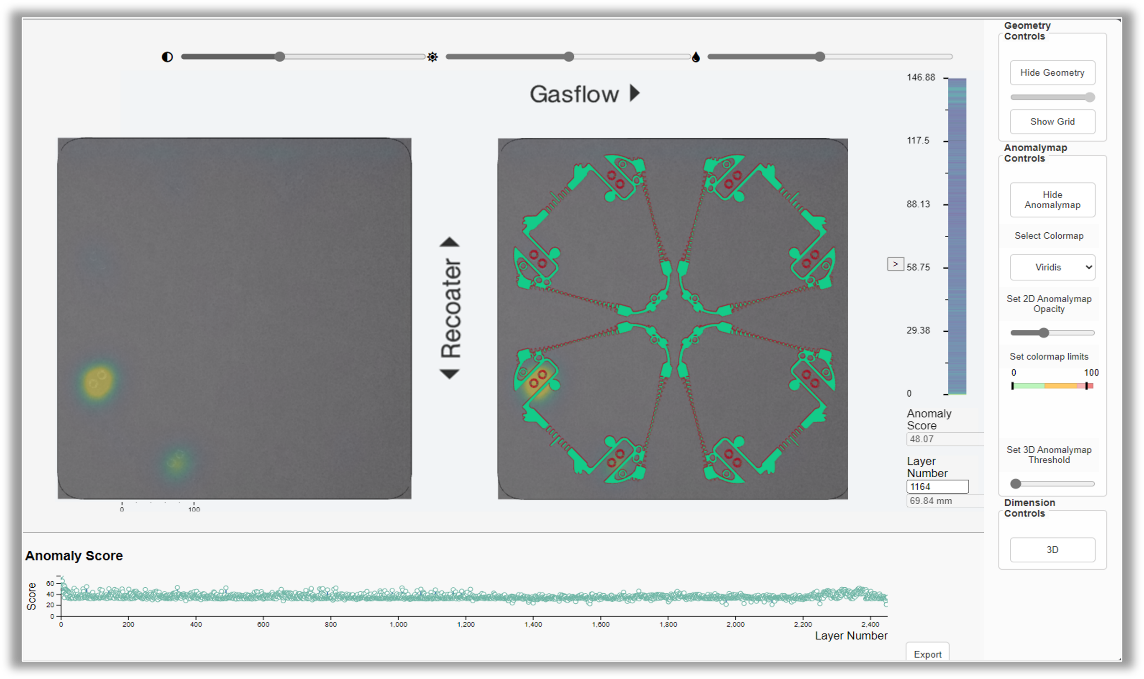 DMG MORI powder bed monitoring system with per-layer anomaly scoring and .cli data overlay