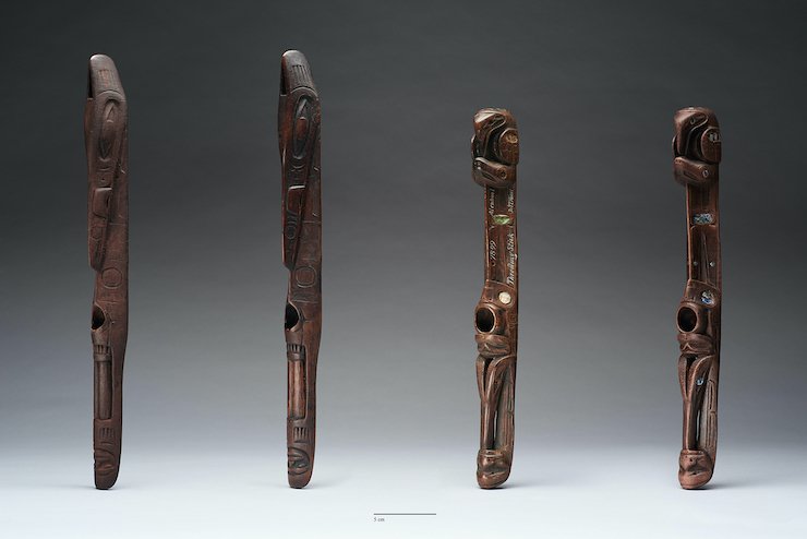 Image 3_ _Tlingit spear throwers 'shee aan' (center, catalog numbers E20771 and E07899) with 3D printed replicas (far right and far left).  Smithsonian Institution Anthropology Department.  Photo by Britanny Hance._.jpg