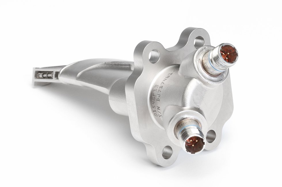 T25 sensor housing, GE’s first FAA-approved 3D printed part. The sensor provides pressure and temperature measurements for the GE90 engine’s control system T25 sensor housing, GE’s first FAA-approved 3D printed part. The sensor provides pressure and temperature measurements for the GE90 engine’s control system