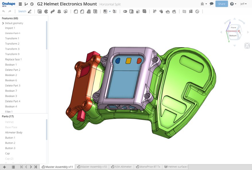 This skydiving helmet mount was designed in Onshape and made with a 3D printer.