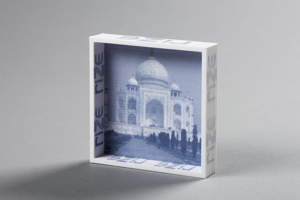 Monochrome image printed as part of a Rize One 3D print