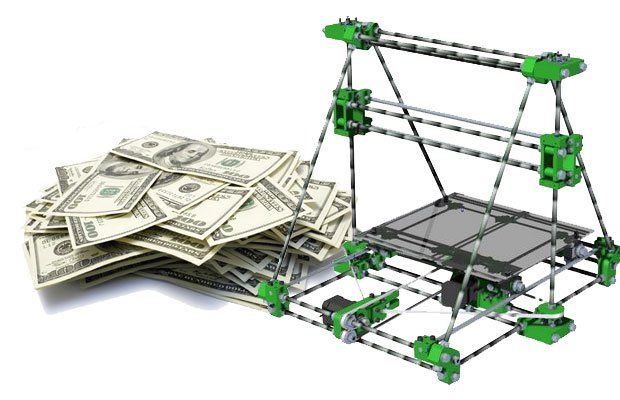 3D Printing saves you money      A RepRap 3D Printer next to a bundle of cash representing money saved.