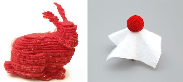 3D printed fabric Stanford bunny and 3D printed Japanese sunny doll in two materials.
