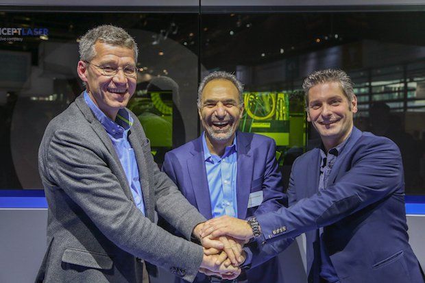 GE Additive GeonX      Pictured from Left to Right: Michel Delanaye, co-founder and CEO, GeonX, Mohammad Ehteshami, Vice President and General Manager, GE Additive, Laurent D'Alvise co-fou...