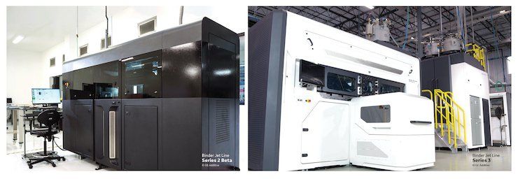 Left, GE Additive's second generation metal binder jet machine, and right, GE Additive's third generation metal binder jet machine. - GE Additive