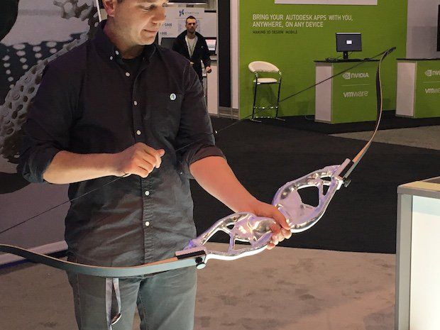 Autodesk's Jesse Harrington Au with generatively designed bow at AU 2015.