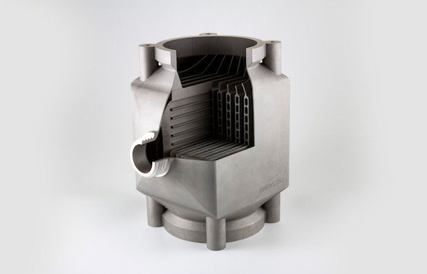 Titanium heat exchanger produced with Metal AM with a glass-bead-blasted finish.The threads are milled.