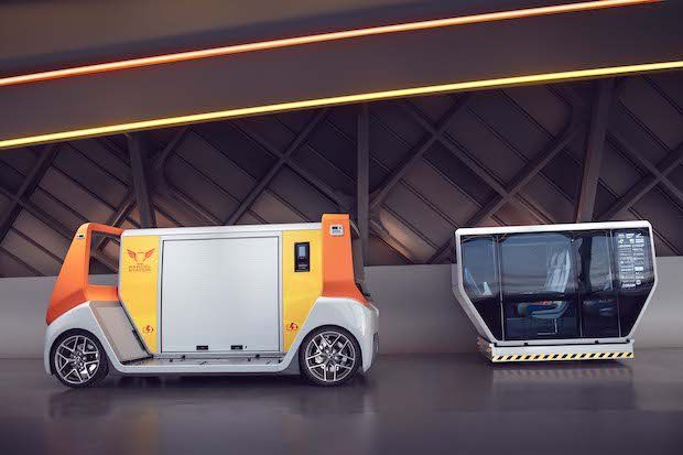 Rinspeed Stratasys      Left to right: The MetroSnap 'skateboard' chassis and a 'pod' vehicle body. - Dingo Photos