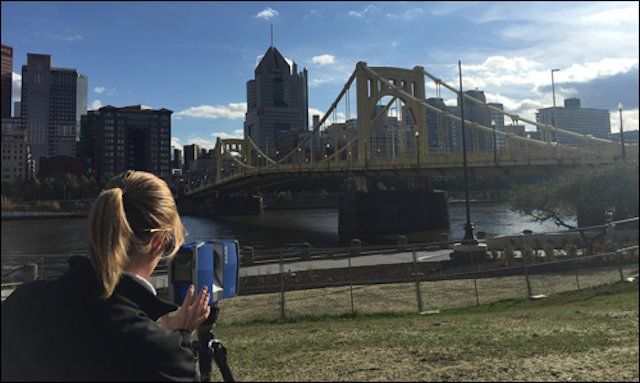 SME Pittsburgh Bridge scan      An engineer conducts the first ever 3D scan of the Pittsburgh Bridge