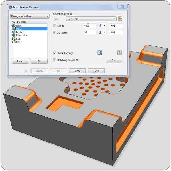 Smart Feature Manager, Delcam      PowerSHAPE’s Smart Feature Manager allows users to identify all the features within a solid in a single operation - Delcam