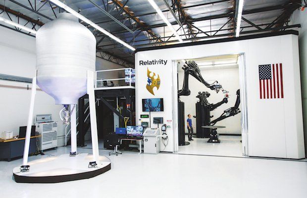 Relativity's Stargate 3D printer and a fuel drum additively manufactured in three days.