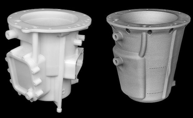 Auxiliary Power Unit Generator Housings. Left: Current plastic prototype design for CNC machining, Right: First generation pilot part optimised for AM.