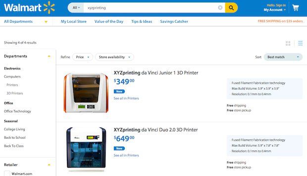 XYZprinting 3D printers now available in Walmart online store