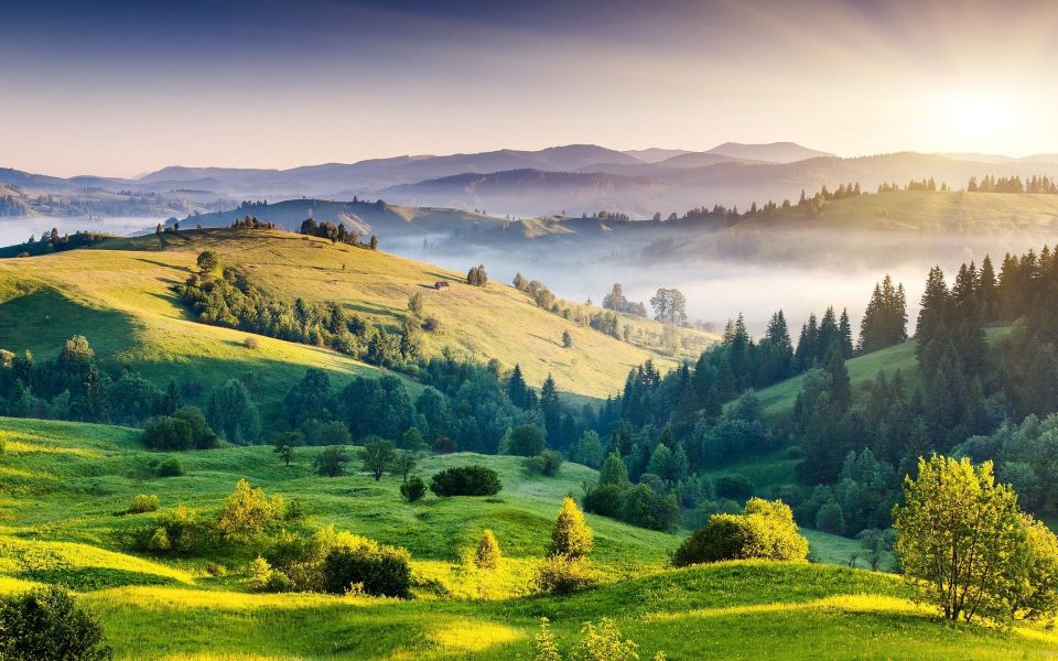A wide green landscape with rolling hills, trees, mist, and sunlight over distant mountains.