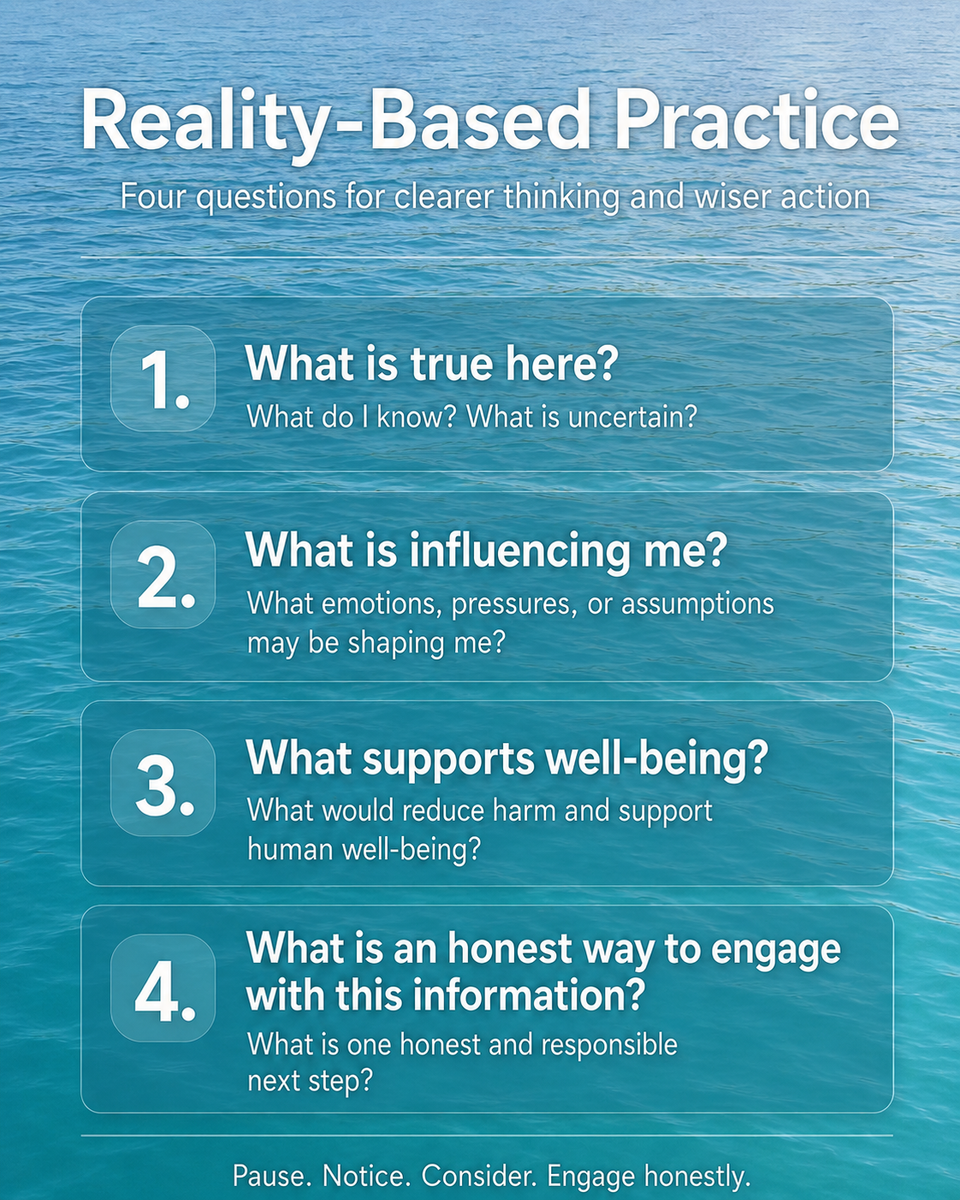 Reality-Based Practice infographic with four questions for clearer thinking, wiser action, and honest engagement over a calm blue-green water background.