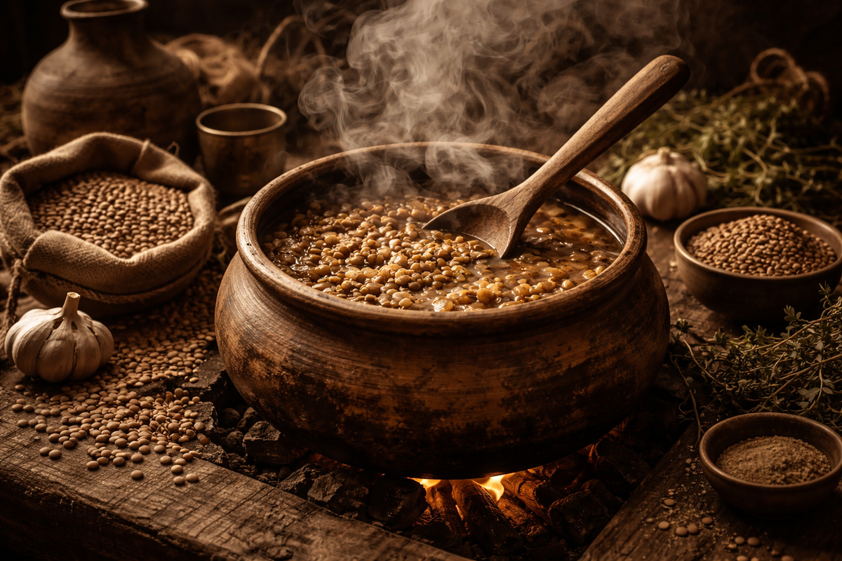 Linsen, Rauch und ein Topf aus Ton