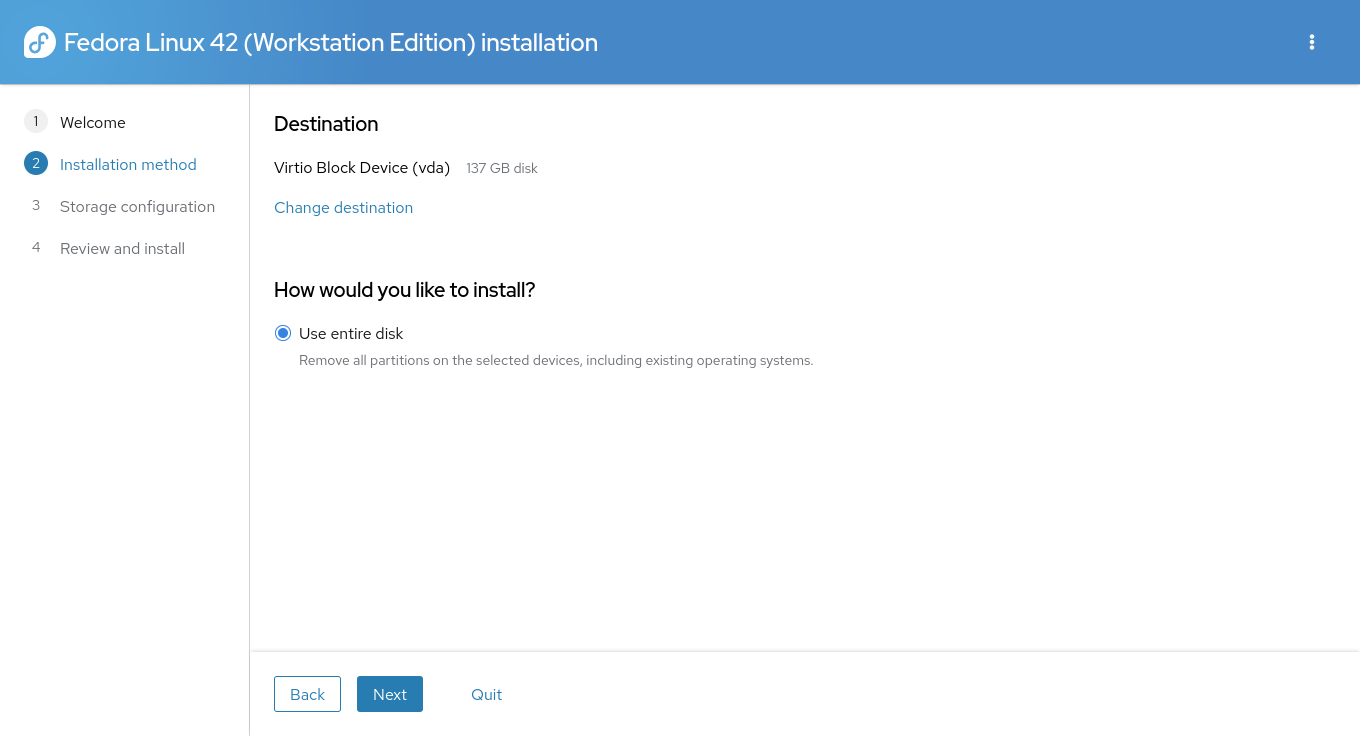 Install Fedora 42 with Full Disk Encryption Snapshot and Rollback Support - Select Disk