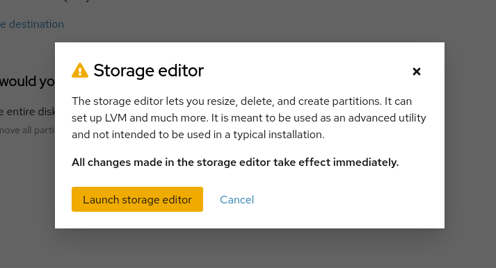 Install Fedora 42 with Snapshot and Rollback Support - Storage Editor Warning