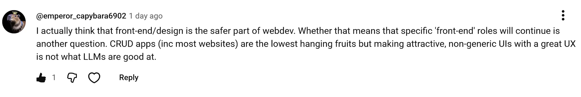 YouTube comment arguing frontend design is the safer part of web dev