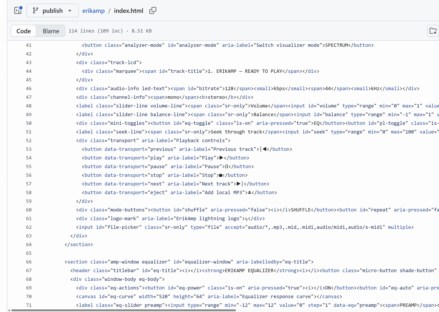 ErikAmp index.html source with data-transport attributes and ARIA labels
